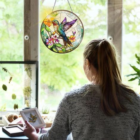 Hummingbird Stained Glass Suncatcher Hanging Window Decoration Flowers Suncatcher 20 x 20 cm (1/2)