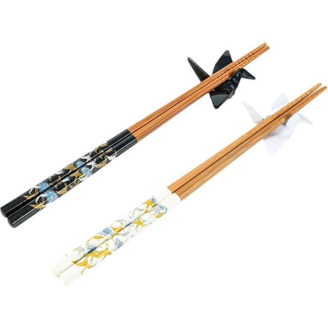 Ensemble de baguettes à sushi avec motif de grue en origami, 2 paires – Comprend des sous-verres – Baguettes chinoises réutilisables – Coffret de couverts à sushi, cadeau idéal (1/5)