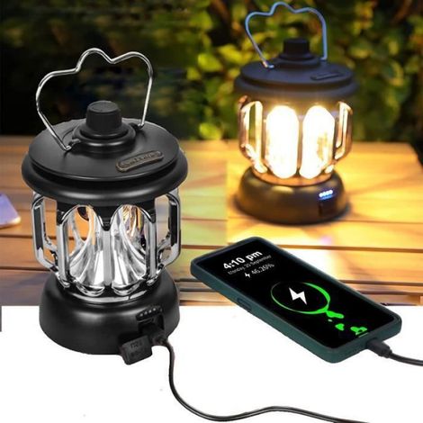 Lanterne - LED - Rechargeable USB - Dimmable - Blanc Chaud - Extérieur Jardin Camping - Noir - 1 Pièce (1/4)