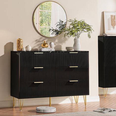 Kommode 6 Schubladen für Schlafzimmer, modernes Rillenholz Design mit goldenen Griffen (1/5)