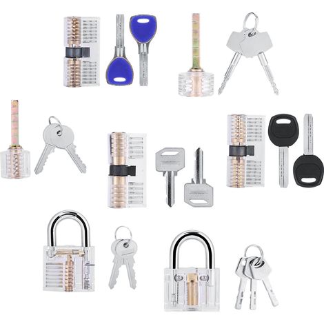 Lot de 7 cadenas transparents avec crochet extracteur pour pratique de crochetage - kit outil d'entraînement avec clés