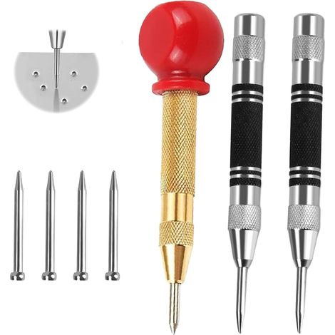 Federkörner Set, 3 Stück Automatik Körner Metall mit 4 Ersatzspitzen, Automatischer Körner Werkzeug, Körner Automatik für Metall, Holz, Glas & Dünne Stahlbleche, Einstellbarer Federkörner (1/5)