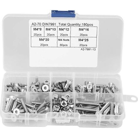 Kit de 180 vis et écrous à tête plate M4 en acier inoxydable 304, avec boîte.