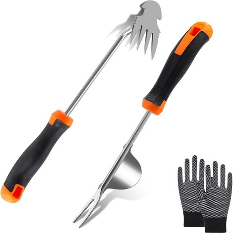 2 Pièce Désherbeur Manuel en Acier Inoxydable,Arrache Pissenlit,Arrache Mauvaise Herbe,Extracteur Mauvaises Herbes,Outil désherbage Manuel pour Creuser Désherber Ameublir,avec Gants Antidérapants