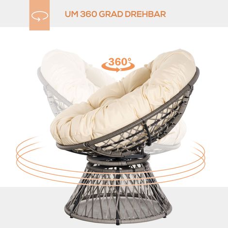 Fauteuil Papasan rotin synthétique, pivotant, assise coussin beige, structure métal 87x97x86 cm (1/4)