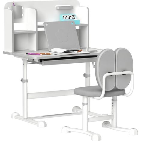 Ensemble bureau et chaise réglables pour enfants, bureau d'écolier avec plateau inclinable, tiroir et étagère, gris (1/5)