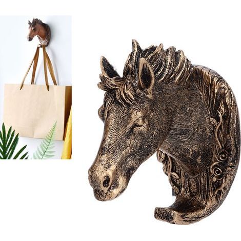 Antique resin horse head with gold wall hook for coats and clothes - Decoration for living room, bathroom or kitchen (1/5)