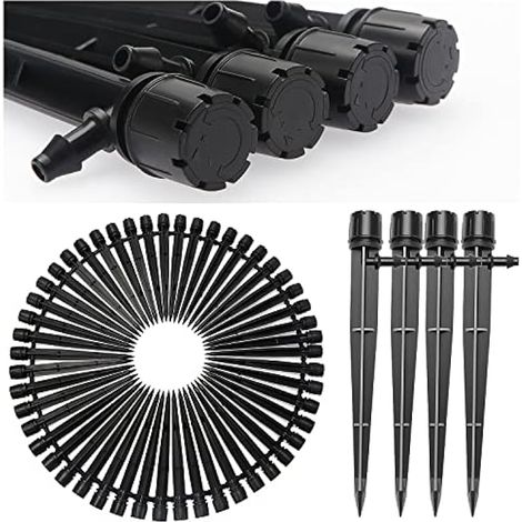 50 Pièces Goutteur Irrigation Réglable, 360 Degrés 8-Trou Micro Asperseur Goutte à Goutte avec Connecteur Barbelé & Piquet de Support pour Tube 4/7 mm, Goutteur d'irrigation Insertion, Noir