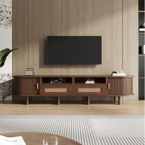 Mobile TV rovere scuro con 2 cassetti in rattan, 2 vani aperti, 2 ante scorrevoli e 8 gambe in legno (1/5)