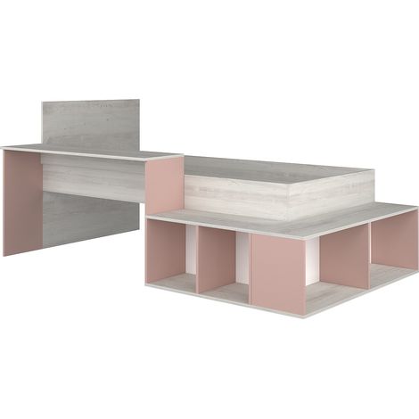 Letto combinato con vani portaoggetti e Scrivania 90 x 200 cm Naturale e Rosa + Reti a doghe - RIGALI (1/4)