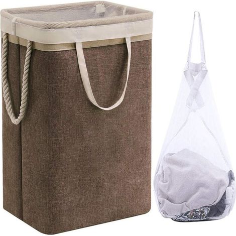 Grand Panier à Linge 60 x 41 x 31 cm , Sac à Linge Pliable avec Poignées en Corde Poubelle de Rangement Adaptée à la Chambre à Coucher la Buanderie Salle de Bain Beige+Café (1/4)