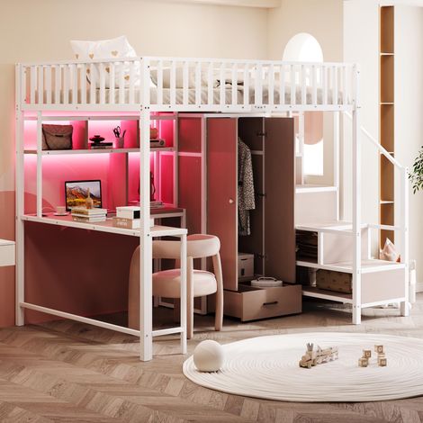 Lit mezzanine en métal 140 x 200 cm avec bureau, étagère, armoire et tiroirs, échelle de rangement et barrière de sécurité, prise de courant et éclairage LED, structure en métal, blanc