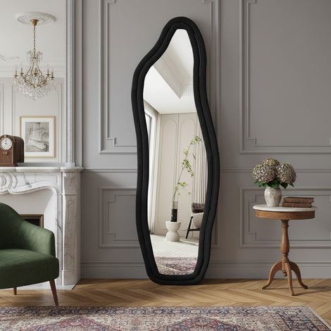 Miroir sur pied, cadre en velours cristal, avec film anti-explosion, 160x50 cm, base antidérapante, verre haute définition, support forme de U, noir (1/5)