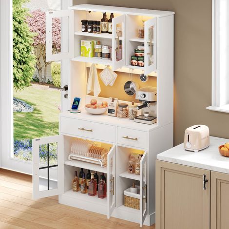 Mobile buffet 100x40x180 cm, con Illuminazione LED via App, 6 Ante e 2 Cassetti, MDF, Bianco, per Cucine Moderne e Soggiorni