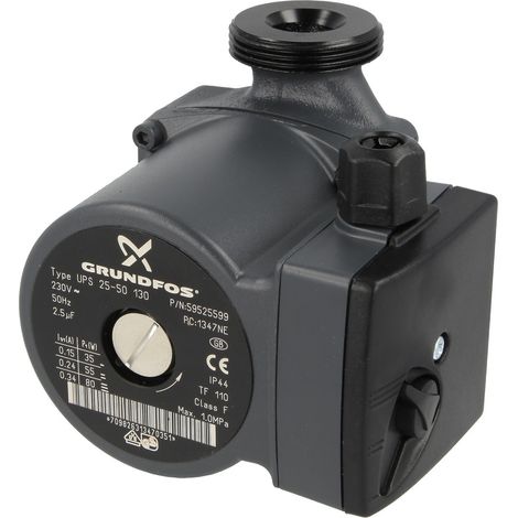 Pompe Grundfos UPS 25-50 130 mm – Circulation eau chaude sanitaire – Débit 3,6 m³/h – Hauteur manométrique 5,0 m – Installation horizontale/verticale – Sieger