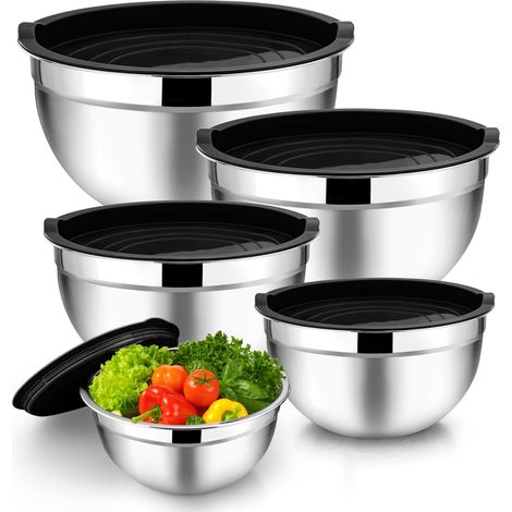 Juego de 5 boles mezcladores apilables de acero inoxidable con tapas negras herméticas. (1/5)