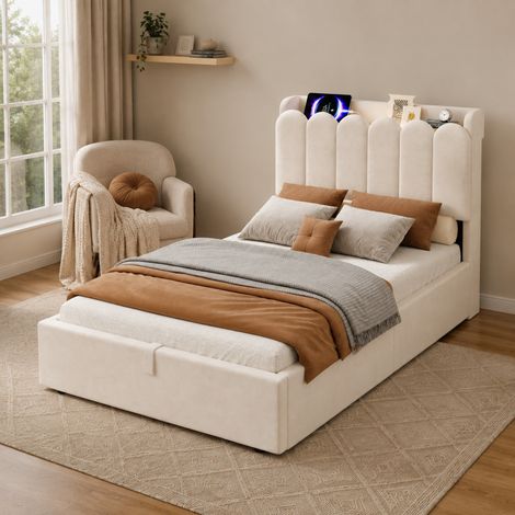 Letto contenitore per bambini 90 x 200 cm in velluto beige, con USB Type-C e lampada HAVRYA (1/5)