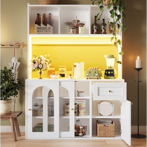 Mueble auxiliar de cocina con puertas de vidrio, 120x35x167 cm, con LED controlado por app, MDF y tablero de partículas blanco (1/5)