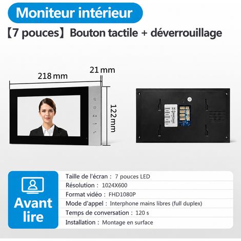 Moniteur intérieur d'interphone visiophone 7 pouces à touches tactiles et déverrouillage direct 7 réf 2518 1 × 1 × 1 cm 300 g – Livraison gratuite