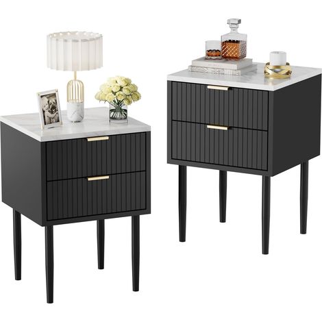 UEV – Lot de 2 tables de chevet marbré – Pieds en métal – 2 tiroirs de rangement – Dimensions 42 x 40 x 68 cm – Style scandinave noir