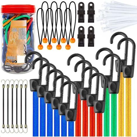 Confezione da 30 cordini elastici in gomma con clip in plastica e cinghie a sfera per moto, bicicletta e uso esterno (30 pezzi) (1/5)