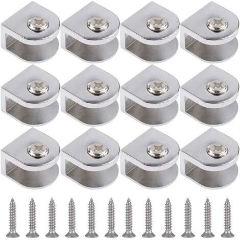 Silver Glass Clips Set of 12 Adjustable Clips with Screws, for Glass 3 to 10 mm Thick, Wall Mounting (1/5)