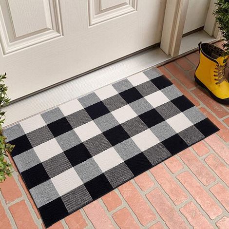 Tapis En Coton Tressé - Motif Écossais Noir Et Blanc - 60 x 90 cm - Pour Intérieur Et Extérieur - Tapis D'Entrée Lavable - 1 Pièce (1/4)