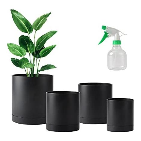 PETAFLOP Pflanzentöpfe aus Kunststoff, 4er-Pack 10/12,7/15/17,5cm Blumentopf mit Drainageloch & Untersetzer, kleine Gartenpflanzgefäße für drinnen und draußen, Schwarz (+Mini-Sprühflasche)