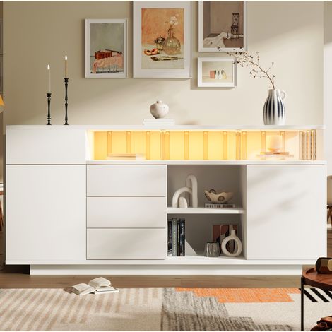 Aparador 160x40x75 cm, con iluminación LED, 4 cajones, 2 puertas, madera MDF y acrílico, blanco (1/5)