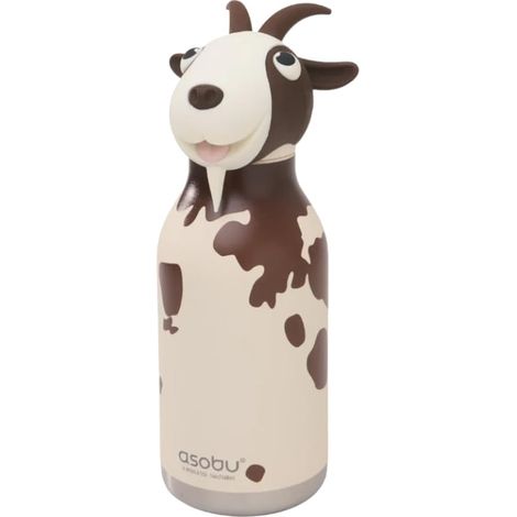 Asobu Bestie Borraccia per bambini con cannuccia, in acciaio inox, isolata, 420 ml, con testa di capra, a prova di perdite e senza BPA