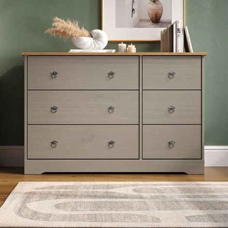 Commode 6 tiroirs 124x36x75 cm gris et naturel - ORONA