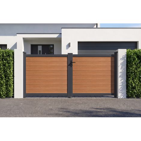 Portail bois composite battant plein 3m ATHOS H.140cm teck avec cadre aluminium (1/5)