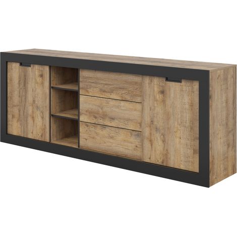 Buffet MEUNIER – 2 Schiebetüren & 3 Schubladen – Eiche Samdal & matt schwarz – 220×85×45 cm