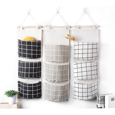 Sac de Rangement Suspendu Organisateur Mural en Coton 3 Pcs avec 3 Poches , Noir Blanc Gris (1/5)