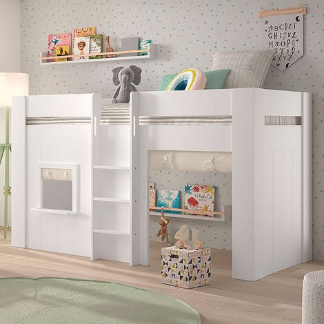 Lit mezzanine mi hauteur RINA 90x200 – Sommier inclus – Blanc Avec rideaux-Modéle Avec rideaux