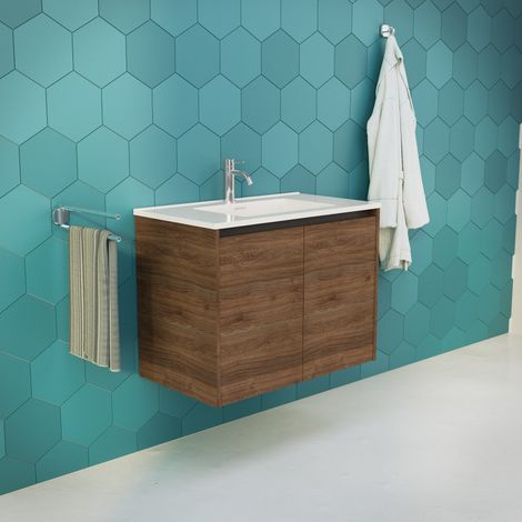 Inda - Mobile bagno 80 cm Rovere castano con 2 ante e lavabo in (1/5)