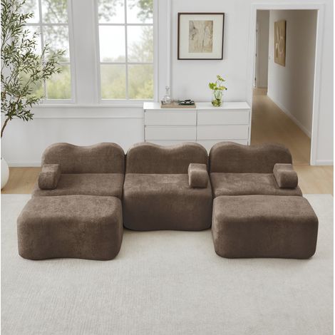 Divano modulare U 3 posti marrone in velluto con pouf, schiuma 32D, seduta profonda e cuscini bracciolo mobili (1/5)