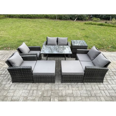 Fimous Garden Furniture Sets 8 Pieces Wicker Rattan Furniture Manual Wicker Patio Sofa Patio Conversation Set with 2 Big Footstool Side Table Dark Grey Mixed (1/5)