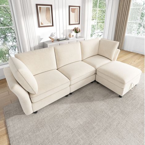 Sofá esquinero modular en forma de U, 225x137x84 cm, 4-5 plazas, con 1 otomana con almacenamiento, chenilla beige (1/5)