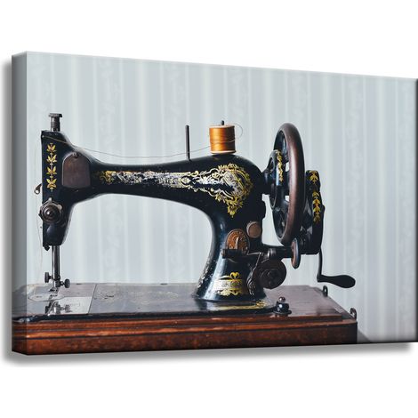 Lienzo impreso con máquina de coser vintage, 60x40 cm, aguja de sastre e hilo.