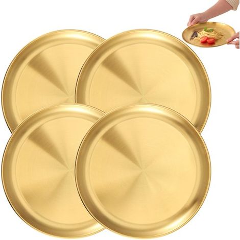 Assiettes rondes en métal (4 pièces), assiettes en acier inoxydable, plateaux de service ronds en métal, boîtes de rangement (20 cm), assiettes incassables pour griller, etc. (1/5)