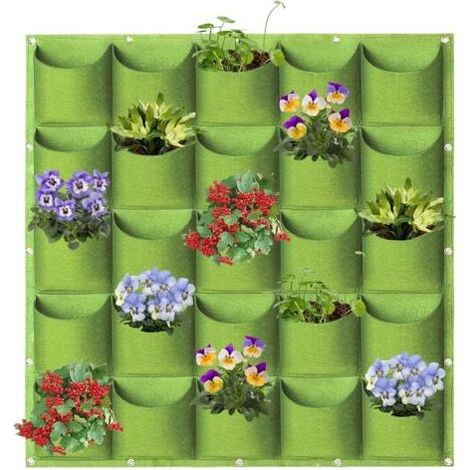 Sac de jardinière suspendu, 25 poches, sacs de jardinage muraux verticaux, sacs de rangement pour plantes (1 m × 1 m, vert) (1/5)