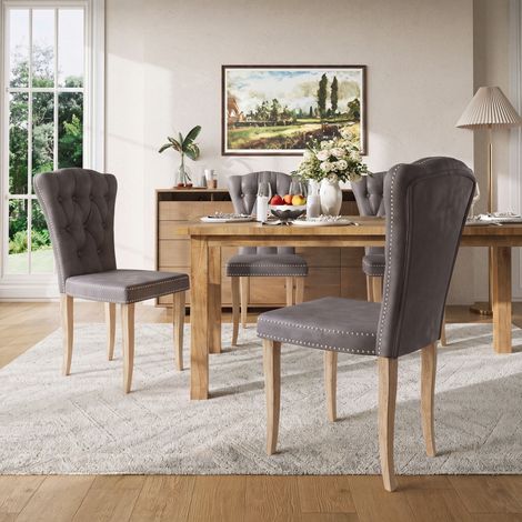Lot 2 Chaises de salle à manger en bois massif, Chaise de Cuisine avec Pieds en Bois, Chaise Ergonomique avec Coussin Intégré, Dossier Haut, Structure en Bois Robuste, Velours, Gris (1/5)