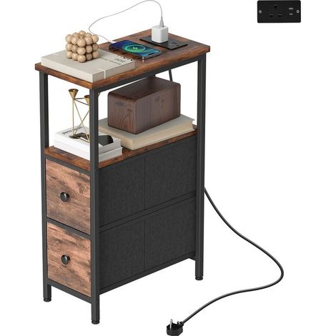 Table low/table of auxiliary with station of charging, structure in steel, 2 drawers in fabric, compartment open, 20 cm x 40 cm x 63 cm, brown rustic (1/5)
