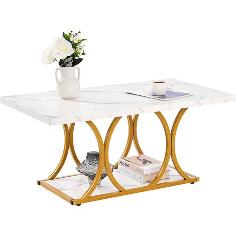 Table Basse en Faux Marbre, Table de Salon Rectangulaire à 2 Niveaux, Meuble de Rangement Plateau de 100 x 55 cm, avec Pieds Géométriques Structure Métallique, pour Bureau Salon, Blanc (1/5)