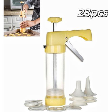 Set di 23 pezzi per decorare biscotti, composto da pressa gialla, pistola per glassa, stampini e accessori per la decorazione di torte, ideale per la preparazione di dolci fatti in casa (2214,512,5 cm (1/5)