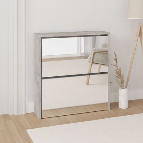 Meuble à Chaussures Armoire à Chaussures  Meuble d'entrée et miroir 2 niveaux Gris béton 63x17x67 cm 28994 (1/5)