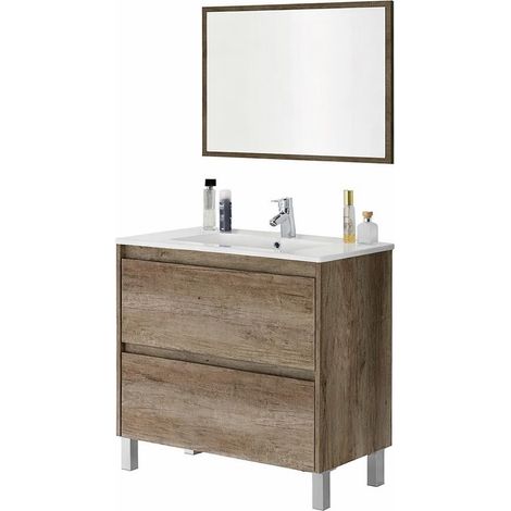 Mobile Bagno A Terra Con Lavabo In Ceramica E Specchio Coordinato Mobiletto Con Lavandino E 2 Cassettoni Ammortizzati Design Minimal 80 x 45 x 80 Cm Colore Quercia
