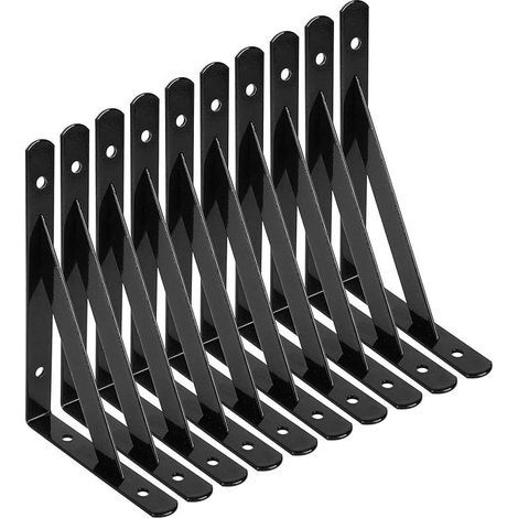 Equerre Etagere Murale, 10 Pcs Supports Triangulaires de 90 Degrés en Acier, Équerres Étagères 150mm x 95mm, Support d'angle Brace avec 50 pcs Vis et 20 pcs Ancres (Noir) (1/5)