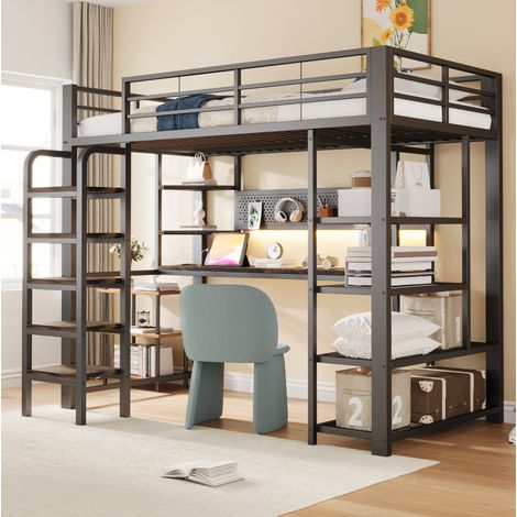Cama alta 90x200 con escritorio y estantes OKMYHOME (1/5)